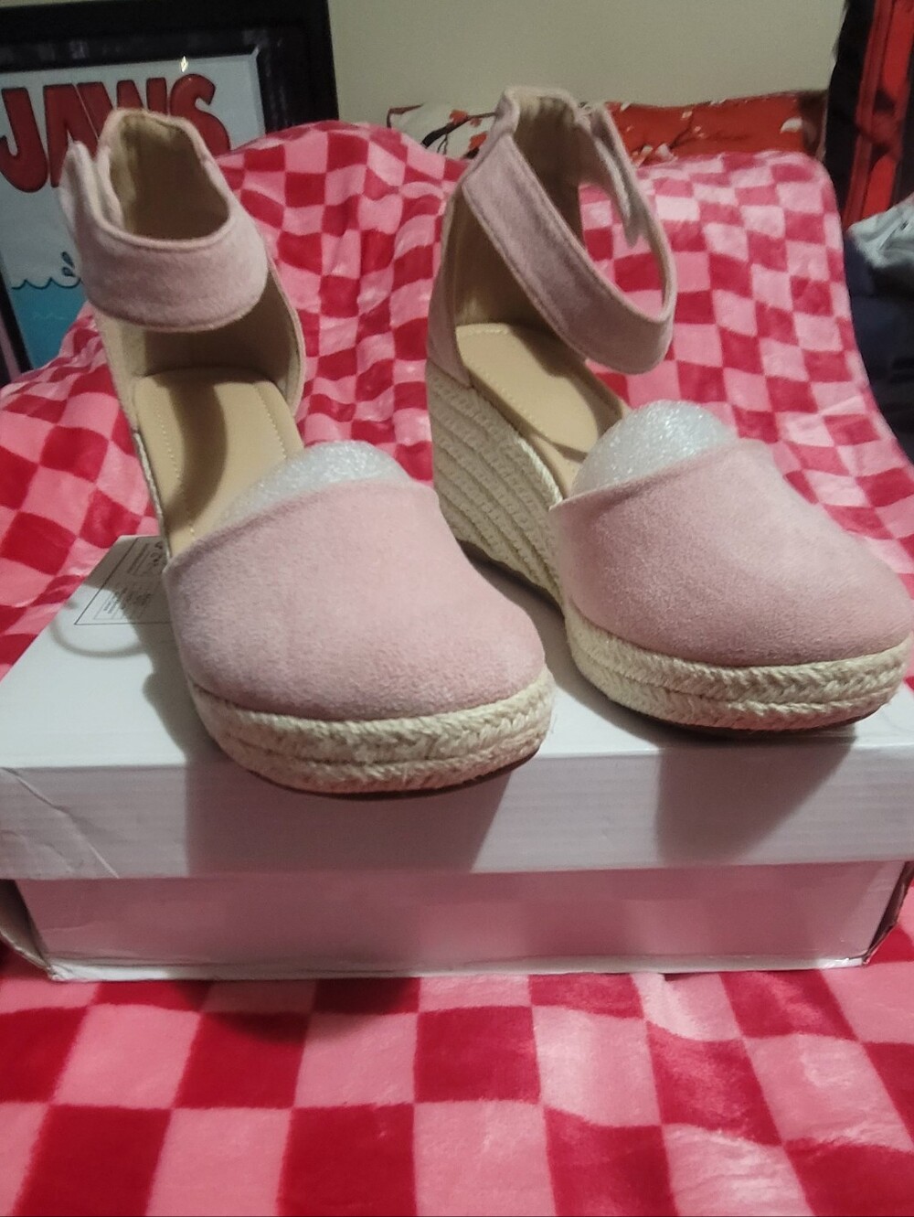 Womens Pink Espadrille Wedge Sandals - Ankle Strap - Picture 4 of 5